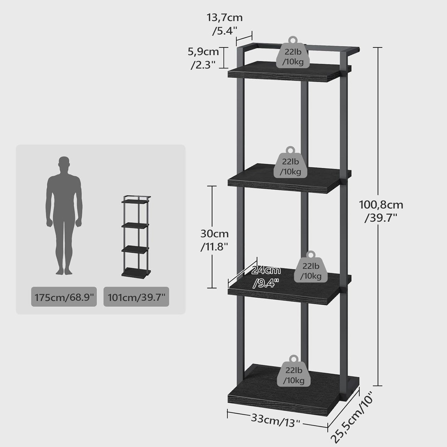 4-Tier BKBK11401 MAHANCRIS Bookshelf, Bookcase, Vertical Tall Narrow Book Shelf for Small Space, Open Storage Display
