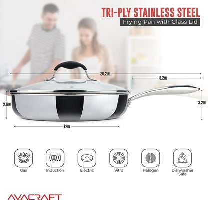 AVACRAFT 10 Inch Tri-Ply Stainless Steel Frying Pan with Lid, Side Spouts, Induction Pan, Versatile Stainless Steel Skillet, Fry Pan in our Pots and Pans (Tri-Ply Stainless steel,10 Inch)