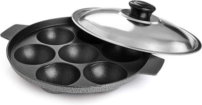 Appam Patra Paniyaral Non-Stick Paniyaram Pan with Stainless Steel Lid, 7 Balls