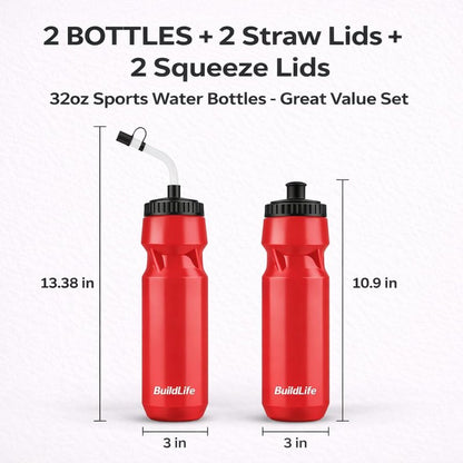 BuildLife 2 Pack Sports Water Bottle - Hockey Water Bottle with Long Straw and 2 lids (Straw and Squeeze) for Helmet Sports Hockey, Lacrosse, Football, Boxing, BPA Free,Dishwash Safe (Red)