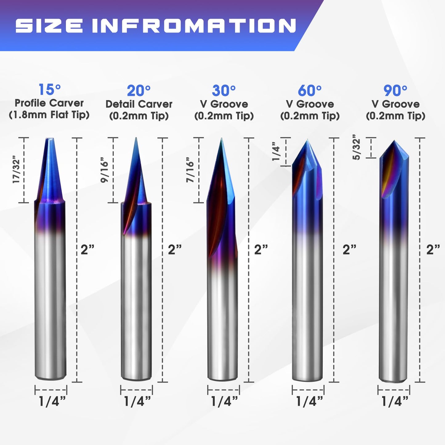 Eyryfui 5 Piece Engraving CNC Wood Carving Router Bit with Nano Blue Coated Tungsten Soild Carbide 15° 20° 30° 60° 90° V Groove Endmill Bit Profile Router Bits for Sign Making