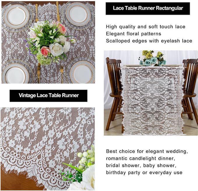 ShinyBeauty 30x120-Inch White Lace Table Runner, Vintage Lace Table Cover, Rustic Floral Embroidered Table Linen