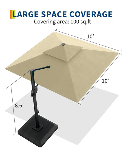 ActiveTrail 10ft Cantilever Patio Umbrella with Solar Lights & Base Included, 360° Rotation, Easy Crank Tilt, UV50+ Outdoor Umbrella—LED Lighting, Wind Vent, Offset Shade for Deck, Pool, or Backyard
