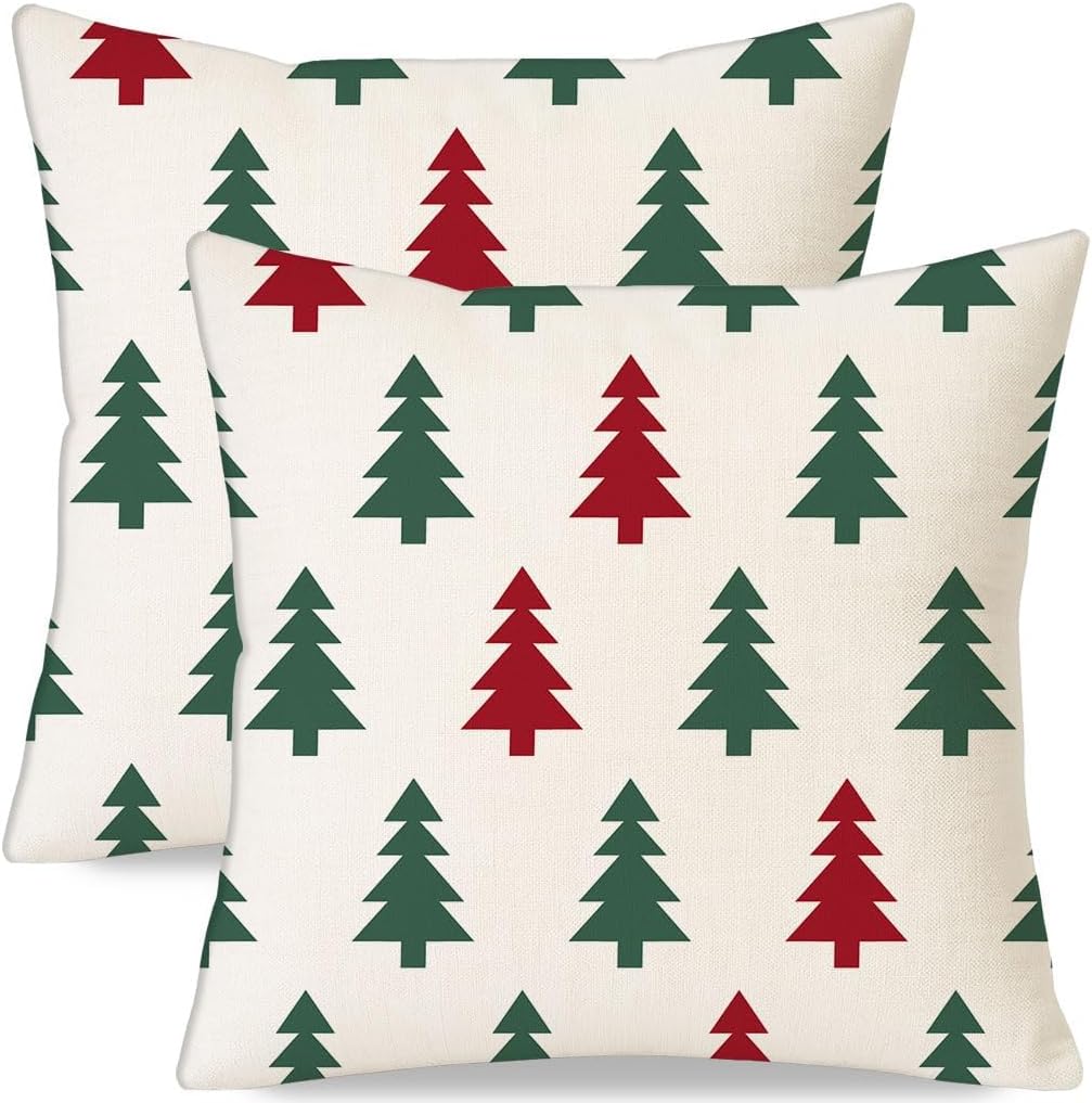 18x18 Set 2 Red and Green Christmas Tree Pillow Covers of Outdoor Farmhouse Xmas Holiday Throw Pillow Cases for Sofa