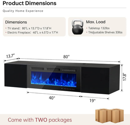 OneBlis 80'' Floating TV Stand with 40" Electric Fireplace, Wall Mounted Entertainment Center with Storage for TVs up to 90", Adjustable 12-Color LED Lights Media TV Console for Living Room