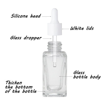 ZSAEYPHE 8 Pack Clear Square Glass Dropper Bottle 30ml Square Glass Essential Oil Bottles Refillable Vial Container for Perfume Travel(Clear-White Lids)