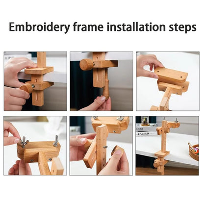 Embroidery Hoop Stand Clip Holder, Wooden Rotatable Adjustable Embroidery Frame Stand Set, with Desktop Clip and 8 Inch Embroidery Hoops, for DIY Craft Thread Sewing