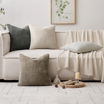 MIULEE Pack of 4 Couch Throw Pillow Covers 18x18 Inch Neutral Soft Decorative Chenille Pillow Covers Farmhouse Boho Cushion Covers for Mid Century Modern Home Decor Sofa Bedroom Living Room