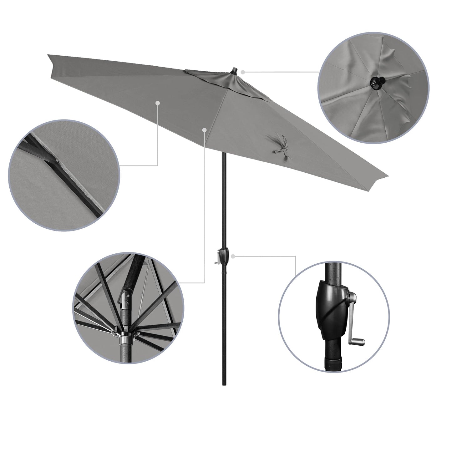 California Umbrella 12-Year Protection 9' Rd Aluminum Patio Umbrella, Crank Lift, Auto Tilt, Black Finish, Sunbrella Granite