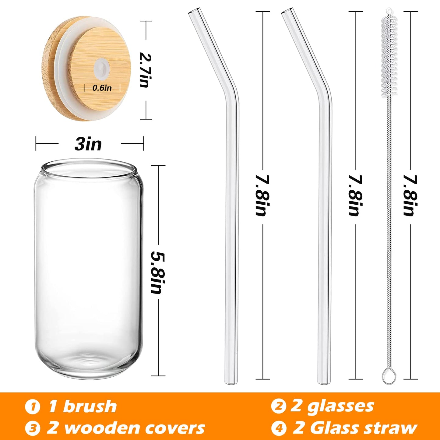 WISIMMALL Drinking Glasses with Bamboo Lids and Glass Straw 2PCS Set, 16oz Glass Cups with Lids and Straws, Beer, Iced Coffee Glasses, Soda, Gift 1 Cleaning Brushes