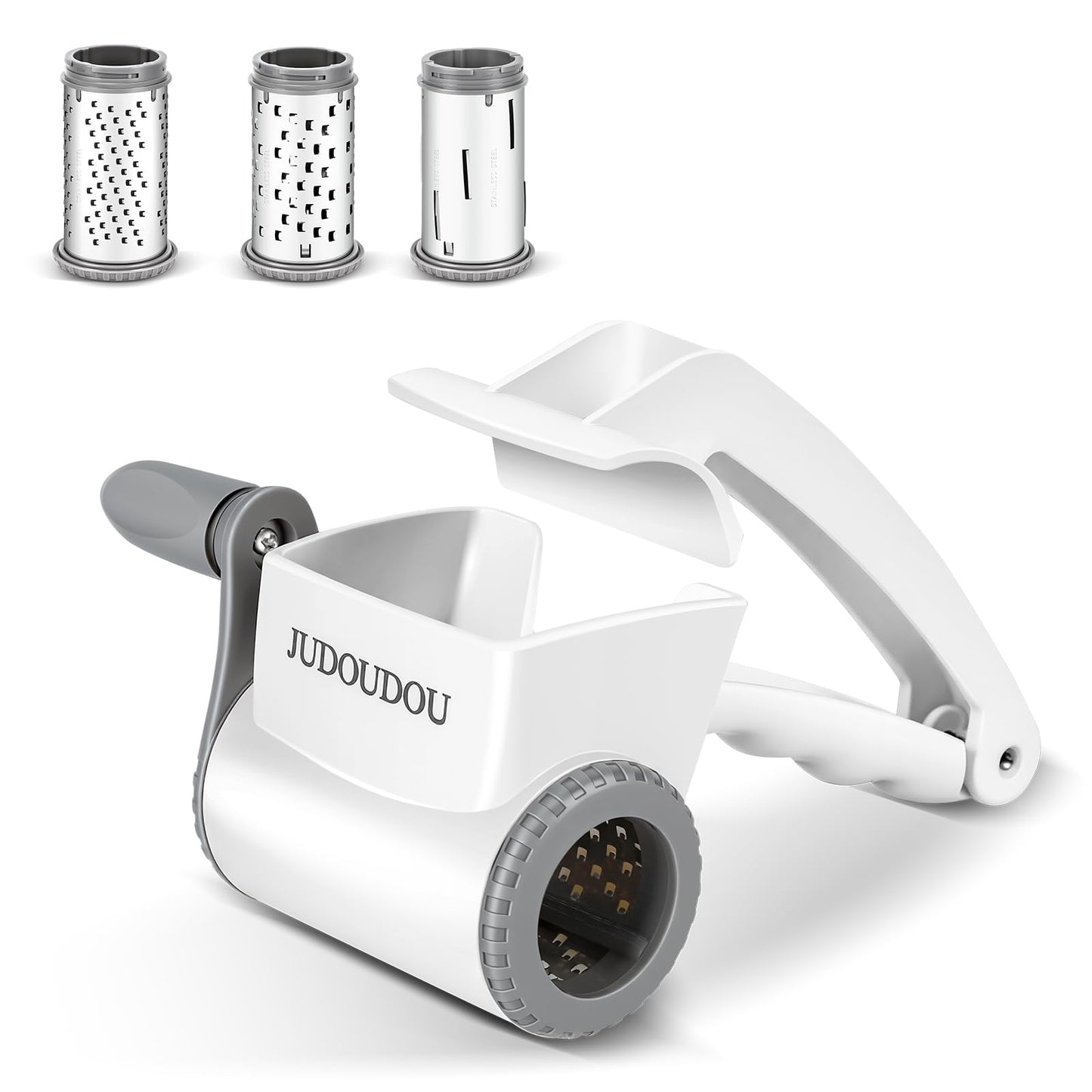 JUDOUDOU Cheese Grater Hand Crank - Classic Rotary Cheese Grater, Parmesan Cheese Shredder Handheld with 3 Stainless Steel Drums, Can be used for Hard Cheese, Chocolate and Nuts - Dishwasher Safe