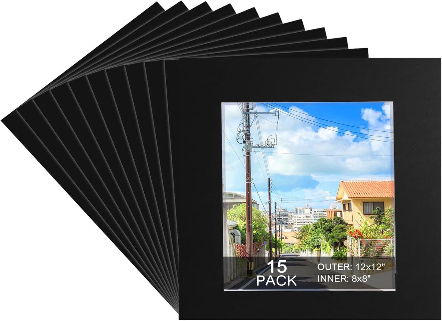 15 Pack 12x12 8x8 Black Picture Mats, Frame Mattes for Pictures Display Photo Frame Mat Core Bevel Cut Mat Board Show