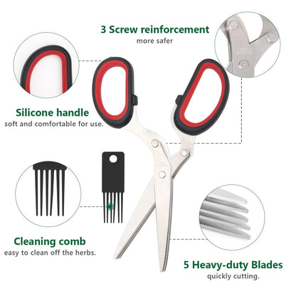 Luxiv Stainless Steel Scissors with Herb Stripper, 5-Blade Set and Cleaning Comb (Black)