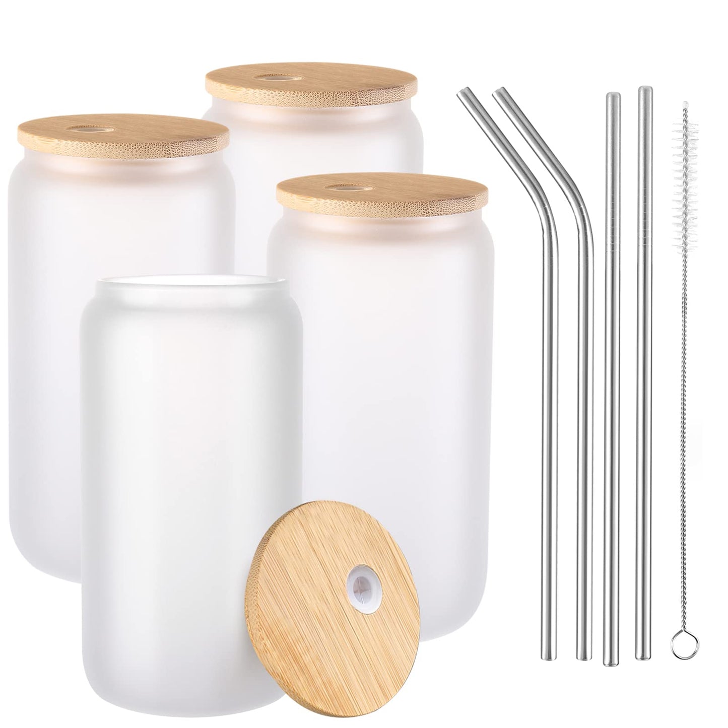 JMScape Sublimation Glass Blanks with Bamboo Lid 4pc Set, 16oz Frosted Glass Cups with Lids and Straws, Beer Can Glass Tumblers, Iced Coffee Soda Drinks Beer Cups