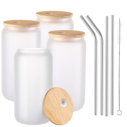 JMScape Sublimation Glass Blanks with Bamboo Lid 4pc Set, 16oz Frosted Glass Cups with Lids and Straws, Beer Can Glass Tumblers, Iced Coffee Soda Drinks Beer Cups