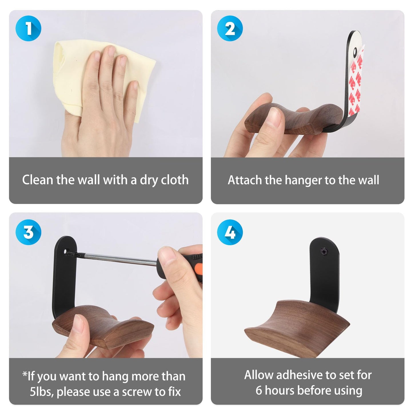 Mt.Jun Walnut Wood Headphone Wall Mount Holder, with VHB Adhesive Tape and Screw, Holds 10 lbs (Black & Walnut Wood)