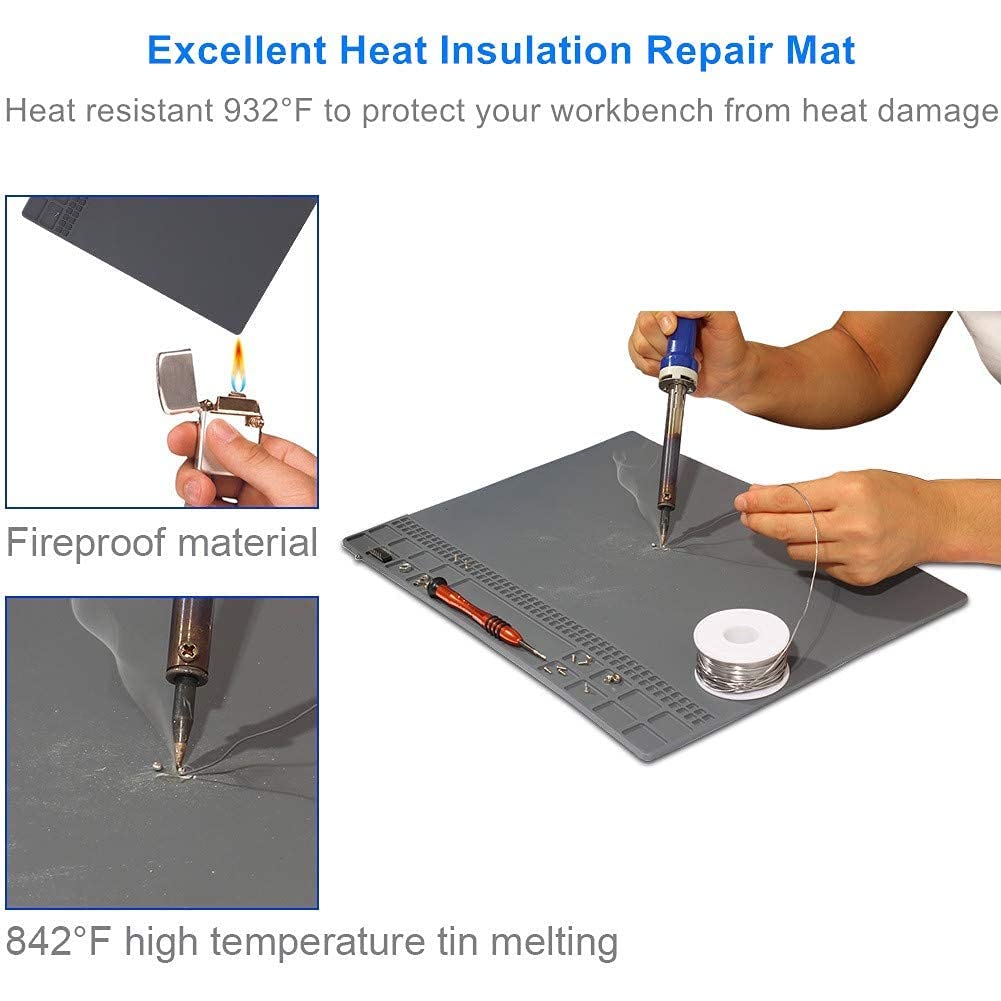 Solder Mat, Premium Silicone Electronics Repair Mat, Heat Resistant 932°F Magnetic Soldering Mat for Solder Station, Phone, Computer, Laptop Repair 13.8'' x 9.8'' Gray