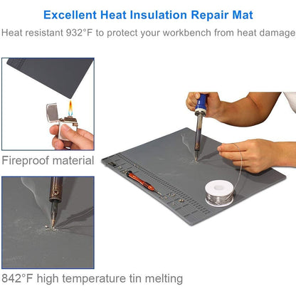 Solder Mat, Premium Silicone Electronics Repair Mat, Heat Resistant 932°F Magnetic Soldering Mat for Solder Station, Phone, Computer, Laptop Repair 13.8'' x 9.8'' Gray