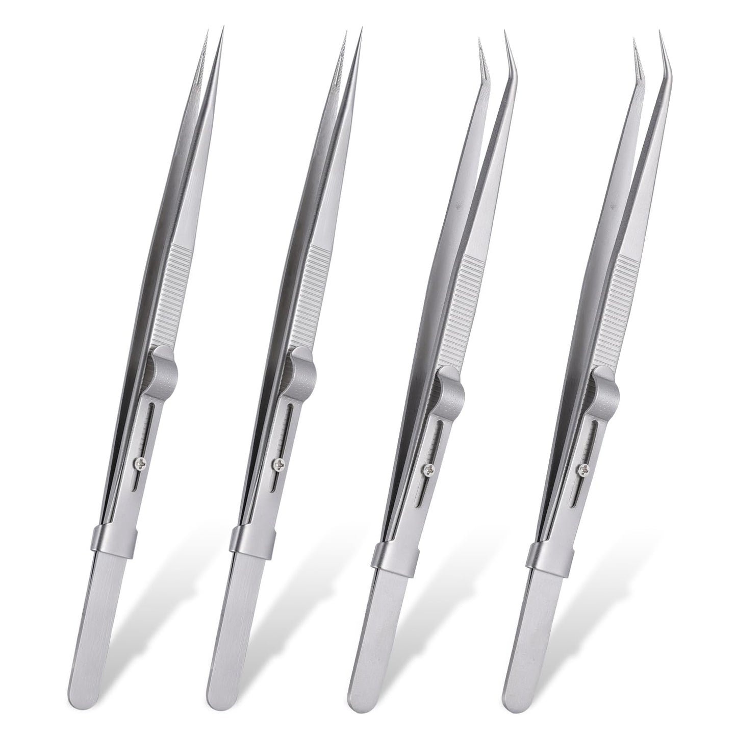 4 Pieces Diamond Tweezers Professional Jewelry Gem Tweezers Precision Tweezers Stainless Steel Pointed Tip Tweezers with Slide Locking and Gem Slot for jewelry making