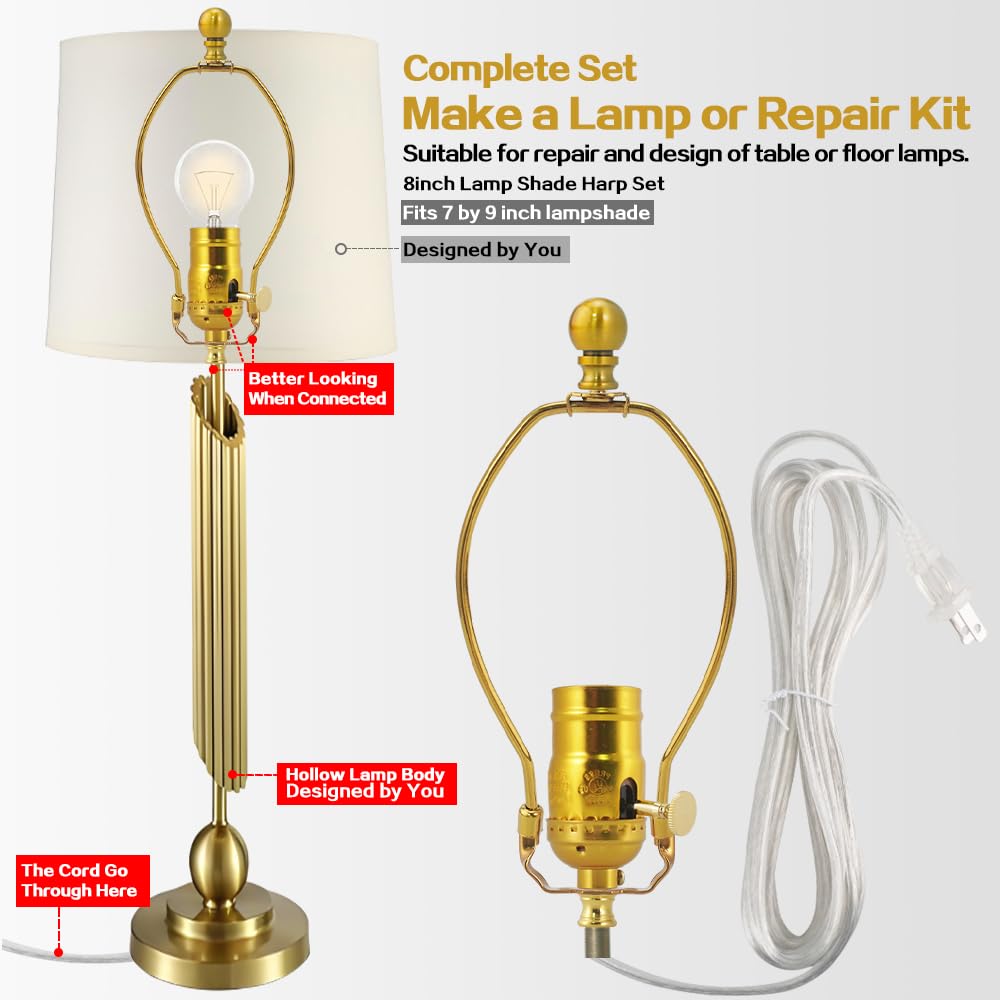 Asjeumt Lamp Rewire Kit Make a Lamp Repair Kits E26 Light Socket Matching Cord Wire Harp Making Supplies Set Lamp Wiring Kit for Table Floor Lamp with All Parts Needed for DIY Lamp - Antique Gold