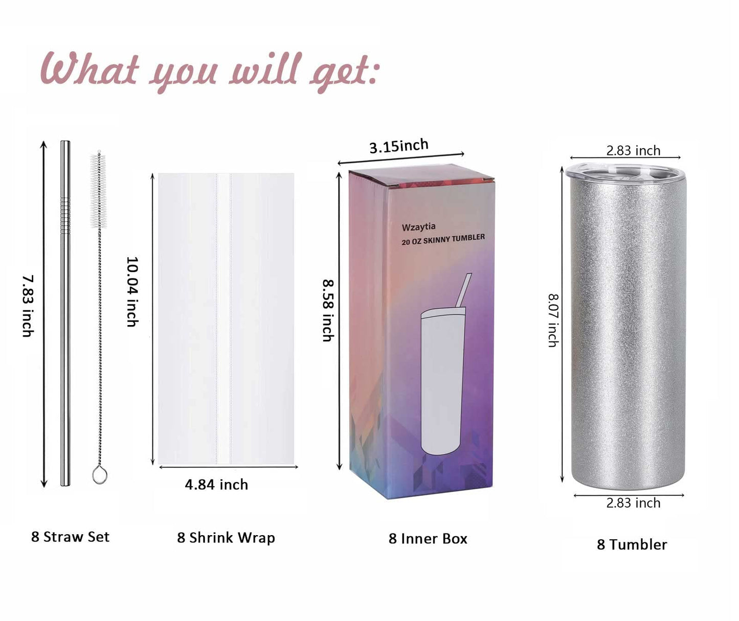 Wzaytia Glitter Sublimation Tumblers 20 Oz Skinny Straight, 8 Pack Sublimation Glitter Skinny Tumbler Blanks, Insulated Stainless Steel Tumbler, Silver