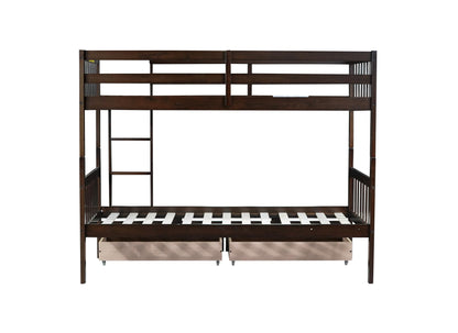 MERITLINE Wood Bunk Bed with Drawers, Convertible Bunk Bed with Ladders and Two Storage Drawers, Solid Wood Detachable Bedframe with Guardrails, Twin Over Twin, Espresso