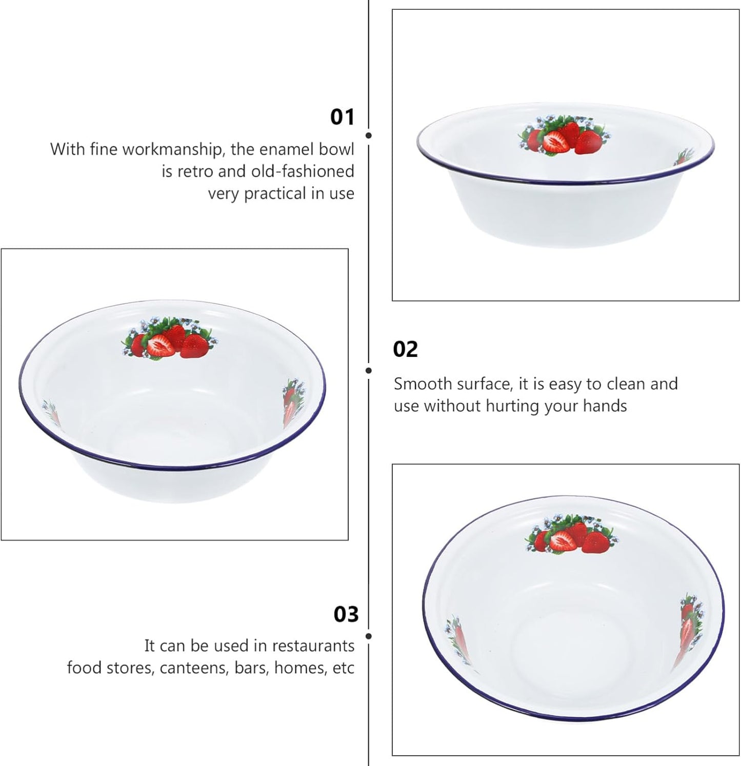 MAGICLULU Vintage Enamel Bowl, Round Tray with Strawberry Pattern, Metal Nesting Food Bowl, 20cm