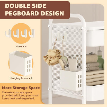 HIDODO 3 Tier Rolling Cart with Drawer, Metal Rolling Utility Cart on Wheels with Pegboard, Art Cart Storage Organizer with Tabletop for Living Room, Office, Bedroom (White)
