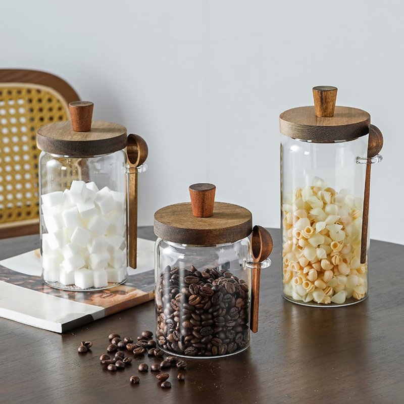 ANSQU 2 Pack Glass Jars with Wooden Lids & Spoons, 34oz Food Storage Containers Coffee Jar Coffee Grounds Container, Food Storage Canister