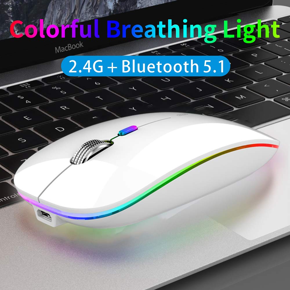 TENMOS Wireless Bluetooth Mouse, LED Slim (Bluetooth 5.1/5.0 + USB) 2.4GHz Rechargeable Silent Bluetooth Wireless Mouse with Type C Adapter for Laptop/MacBook/iPad OS 13 and Above (Matte Black)