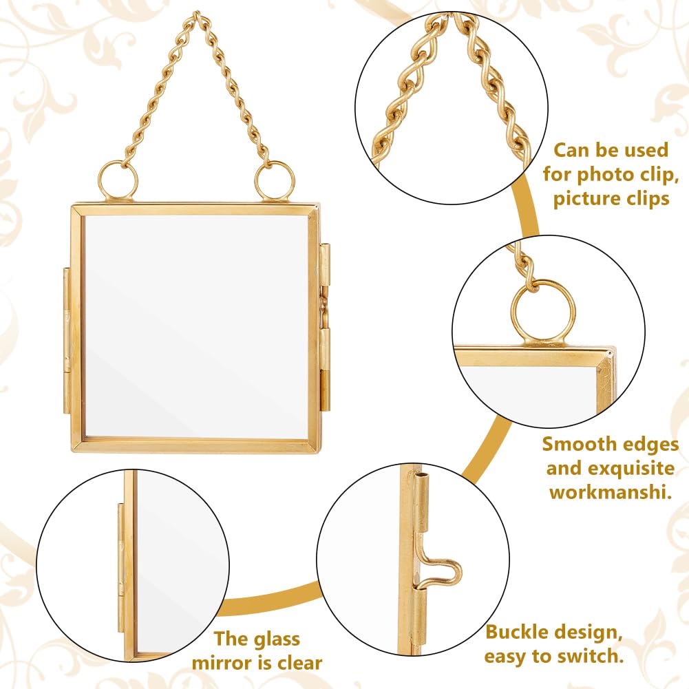 OLYCRAFT 6pcs Gold Mini Glass Hanging Frame 2.1x2.1 Inch Gold Metal Picture Frames Clear Double Glass Floating Frames Hanging Artwork Display Frame for Pressed Flowers Leaf and Artwork