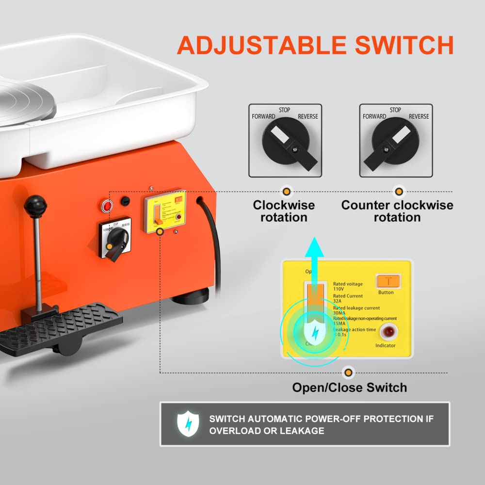 Pottery Wheel Pottery Forming Machine 25CM 350W Electric Pottery Wheel with Foot Pedal DIY Clay Tool Ceramic Machine Work Clay Art Craft (Orange)
