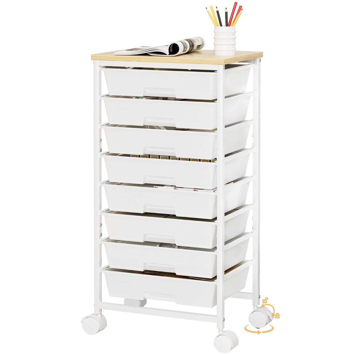 Homde Rolling Storage Drawer Cart: 8-Drawer Sort to Clear Desk & Dresser Clutter - Anti-Fall Smooth Glide Prevents Spill-Out During Daily Grab - Lockable Wheels Keep It Steady