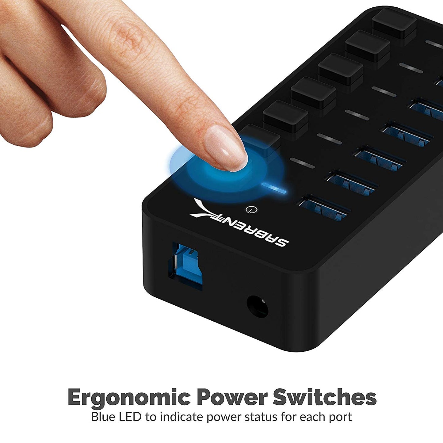 SABRENT 10-Port USB 3.0 Hub, Individual Power Switches and LEDs, 3 Smart Charging Ports, 60W Power Adapter, for PC, Mac, Xbox, PS5, Laptop, Desktop, USB Devices (HB-B7C3)