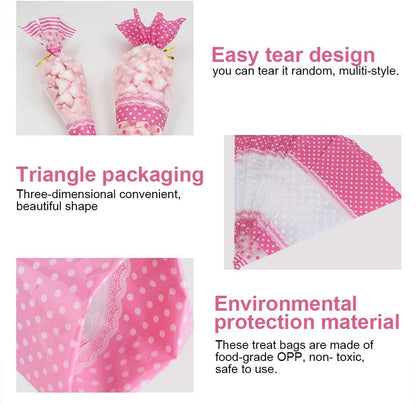 FTVOGUE 50 Piece Clear Cone-Shaped Treat Bags with Twist Ties, Cellophane Candy Bags (Pink)