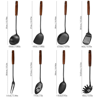 304 Stainless Steel Kitchen Utensils Set, 8 Pcs Long Cooking Utensils Set with Wooden Handle, Large Heat Resistant Kitchen Tools(Black, Dishwasher Safe)