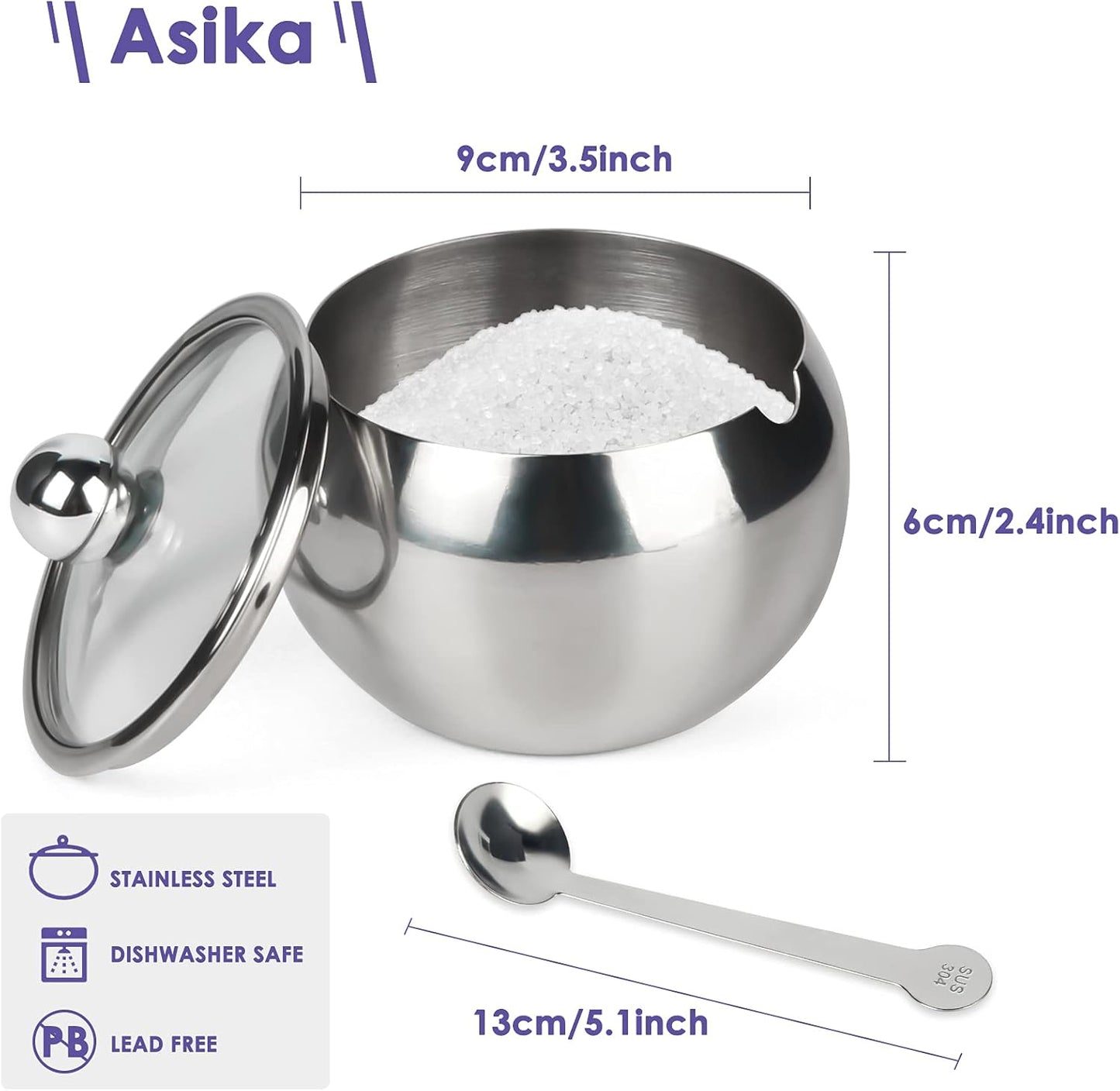 asika Stainless Steel Sugar Bowl with Clear Lid and Spoon, Drum Shape Small Condiment Container for Home, 8.1 Ounces