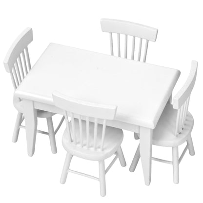 Miniature Dollhouse Dining Table and Chairs – Set 5pcs 1/12 Scale for Doll House, White Wooden Furniture Model, Mini Classic Decoration Accessories DIY Hobby Gift for Kitchen, Breakfast Room