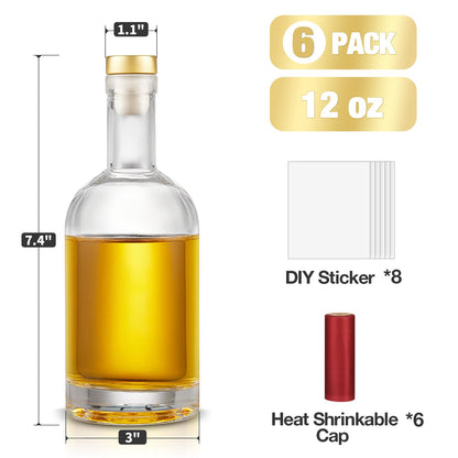 Mfacoy Set of 6 Glass Bottles, 12 oz Clear Liquor Bottles, Heavy Base Glass Bottle with T-Top Cap, Vodka Bottle for Wine Beverages Drinks Oil Vinegar Kombucha Beer with Cork Stopper Airtight Lid