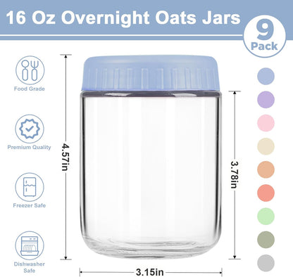 16oz 9 Pack Overnight Oats Containers with Lids, Wide Mouth Mason Jars with Lids, Glass Jars with Airtight lid for Chia