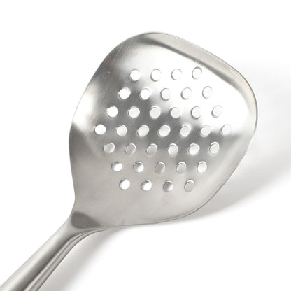 Calphalon Edge Stainless Steel Slotted Spoon/Skimmer, Kitchen Strainer Spoon, Skimmer with Silicone Heat Resistance Handle, Slotted Cooking Tool for Draining and Skimming (Blue)