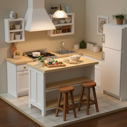 Miniature Dollhouse Kitchen Island, 1/12 Scale Wood Dining Table with Storage Shelves, Modern Furniture Accessories, Rectangular Mini Counter Shelving for Restaurant Pub Bar Decoration, White
