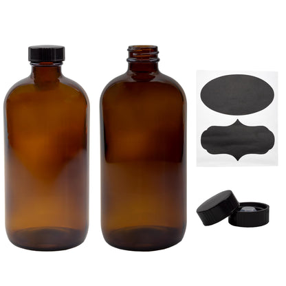 Cornucopia Brands 16oz Amber Glass Bottles with Reusable Chalk Labels and Lids (Pack of 2) Refillable Brown Boston Round Bottles, with Black 28-400 Caps