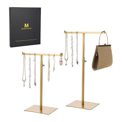 Purse Display Stand Jewelry Towers 2 Packs Stainless Steel Bag Stand Tabletop Adjustable Height Double Hook Hanging Jewelry Stands for Necklaces Organizer Home Store Boutique (Anti-fingerprint)