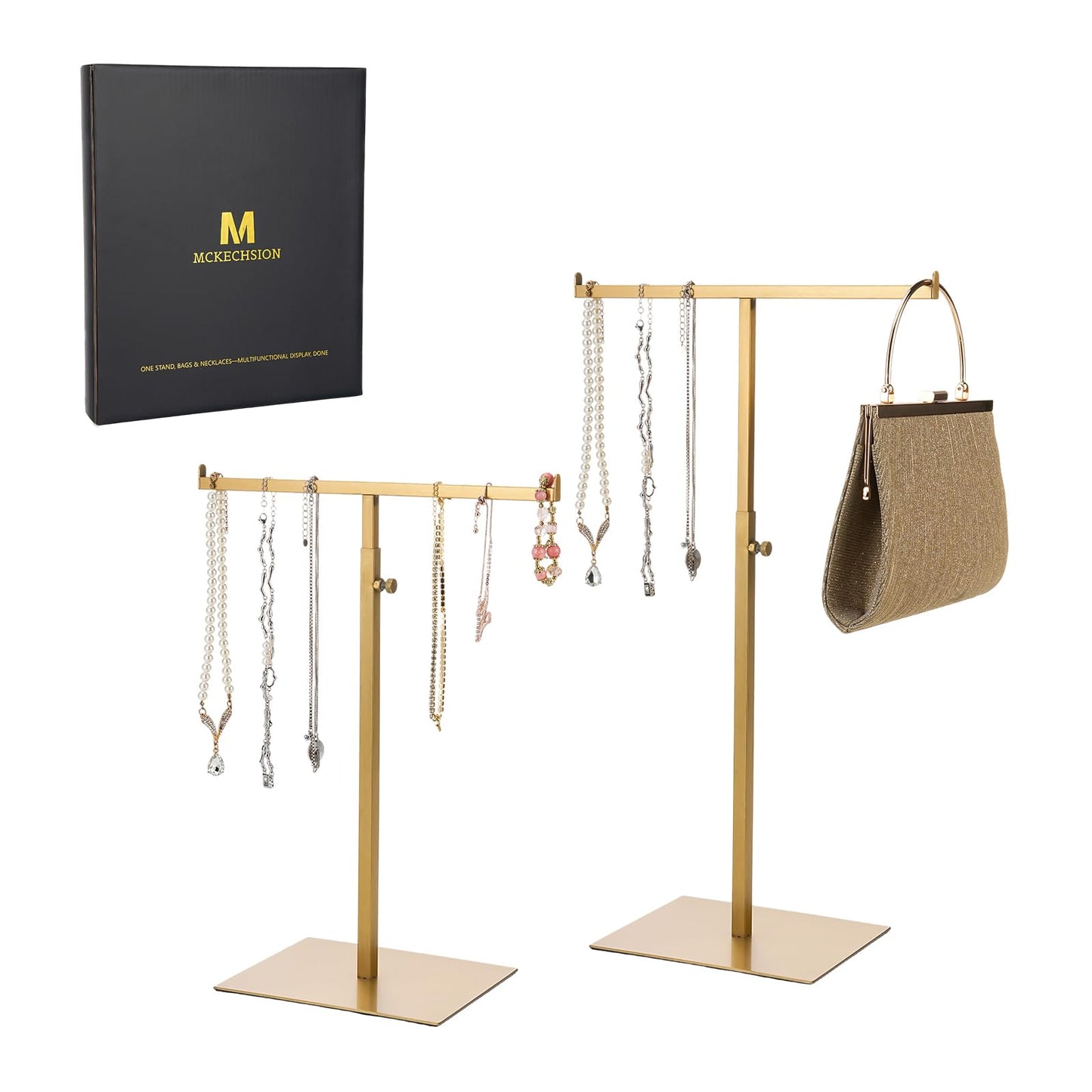 Purse Display Stand Jewelry Towers 2 Packs Stainless Steel Bag Stand Tabletop Adjustable Height Double Hook Hanging Jewelry Stands for Necklaces Organizer Home Store Boutique (Anti-fingerprint)