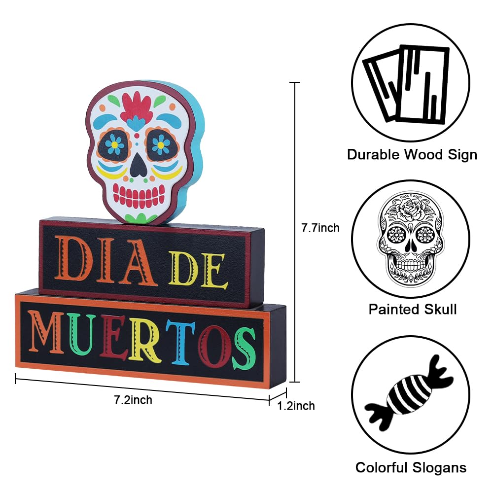 DECSPAS Day of the Dead Decorations, Wood Block Sugar Skull Dia De Los Muertos Decorations with DIA DE MUERTOS Sign, 3-Layered Wooden Skeleton Decor for Altar, Ofrenda, Home, Table, Mexican Fiesta