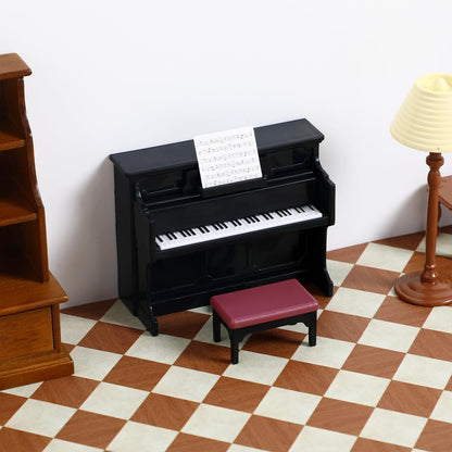 HEALLILY Mini Dollhouse Piano: Black Plastic Dollhouse Piano and Stool Set with Music Sheet for Scene Shooting Props Doll House Decoration, 3.58 X 2.75 X 1.45 Inches