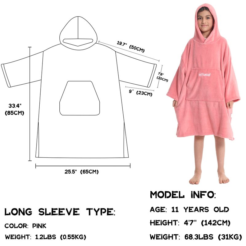 Hiturbo Kids Towel Changing Robe: Soft Plush Wearable Blanket - Warm Coral Fleece Hoodie - Swim Surf Poncho for 5-12 Years (Pink)