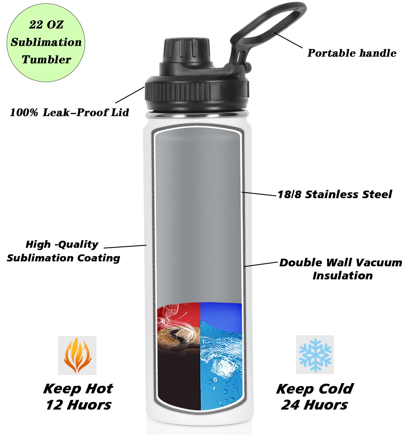 Draheri Sublimation Sports Water Bottle Blanks Bulk, 22 oz Sublimation Tumblers, Stainless Steel Double Wall Insulated Sublimation Cups with Portable Handle, Individually Boxed (8 Pack)