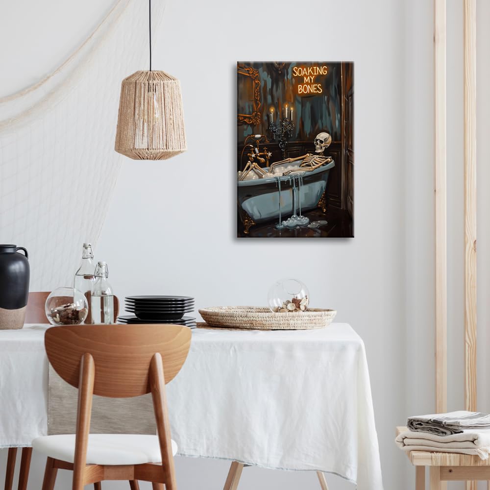Soaking My Bones Wall Art Horror Halloween Decor Skeleton Bathtub Poster Moody Print Dark Academia Canvas Spooky Gothic Artwork Victorian Painting Bathroom Living 24x36inch Framed